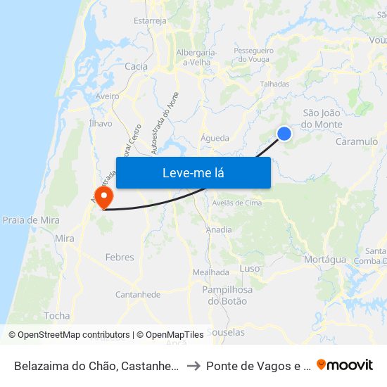 Belazaima do Chão, Castanheira do Vouga e Agadão to Ponte de Vagos e Santa Catarina map