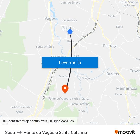 Sosa to Ponte de Vagos e Santa Catarina map