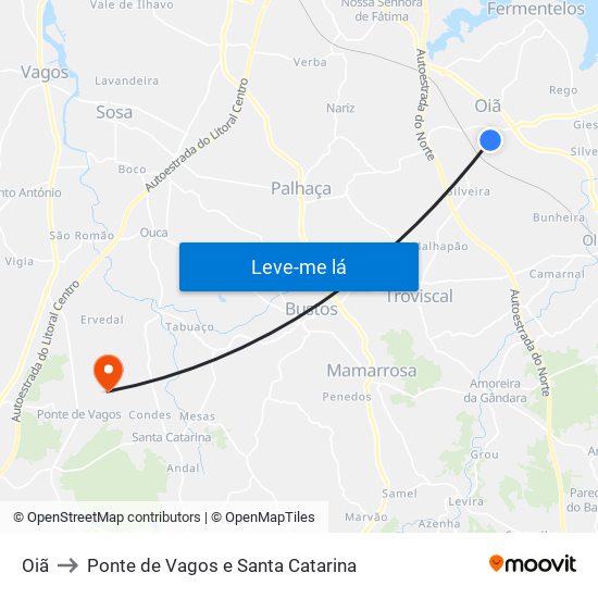 Oiã to Ponte de Vagos e Santa Catarina map