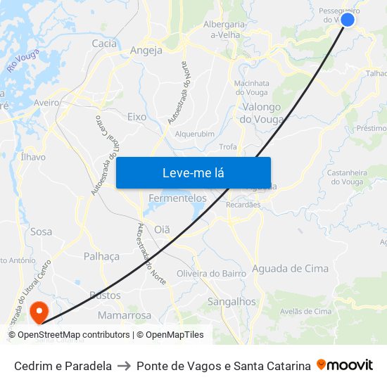 Cedrim e Paradela to Ponte de Vagos e Santa Catarina map