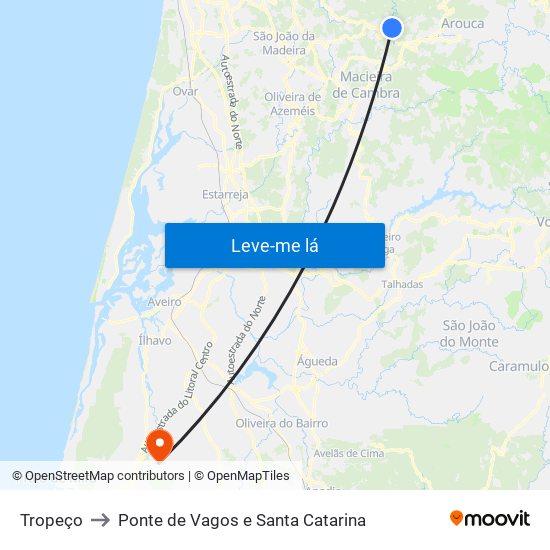 Tropeço to Ponte de Vagos e Santa Catarina map