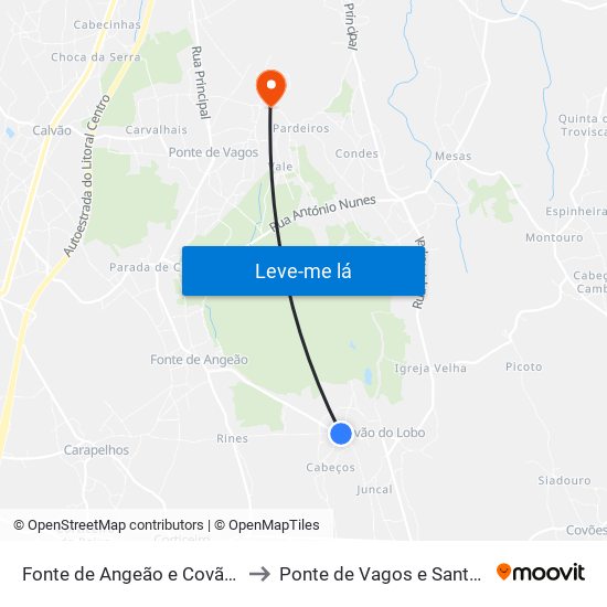 Fonte de Angeão e Covão do Lobo to Ponte de Vagos e Santa Catarina map