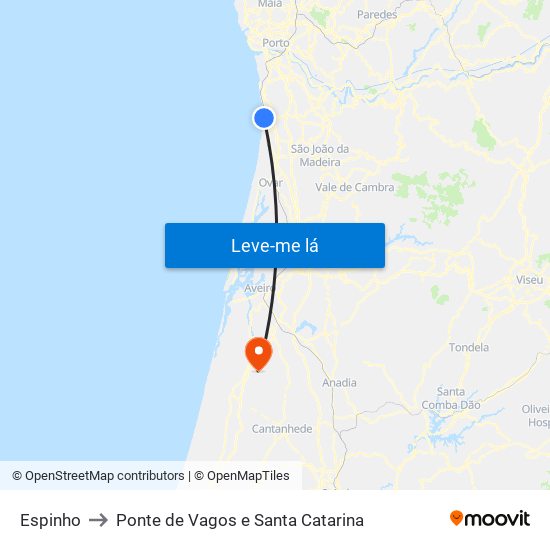 Espinho to Ponte de Vagos e Santa Catarina map