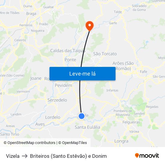 Vizela to Briteiros (Santo Estêvão) e Donim map