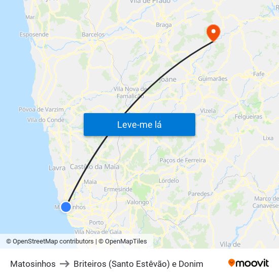 Matosinhos to Briteiros (Santo Estêvão) e Donim map