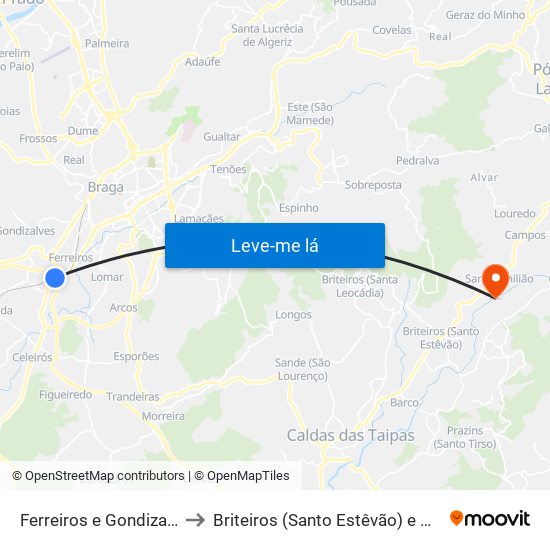 Ferreiros e Gondizalves to Briteiros (Santo Estêvão) e Donim map