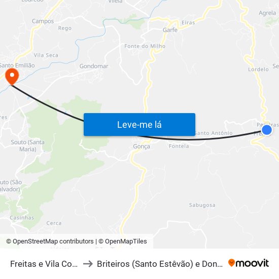 Freitas e Vila Cova to Briteiros (Santo Estêvão) e Donim map