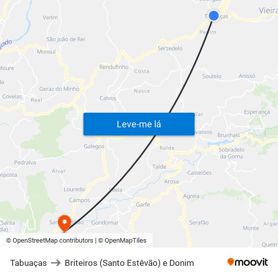 Tabuaças to Briteiros (Santo Estêvão) e Donim map