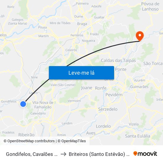 Gondifelos, Cavalões e Outiz to Briteiros (Santo Estêvão) e Donim map