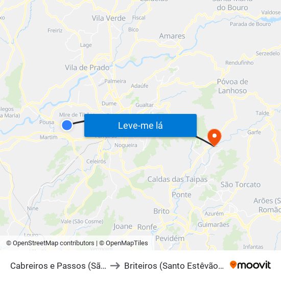 Cabreiros e Passos (São Julião) to Briteiros (Santo Estêvão) e Donim map