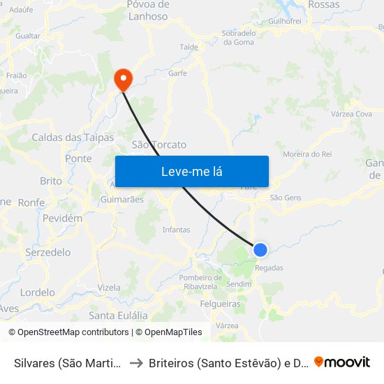 Silvares (São Martinho) to Briteiros (Santo Estêvão) e Donim map