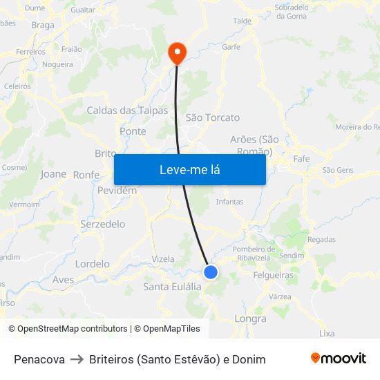 Penacova to Briteiros (Santo Estêvão) e Donim map