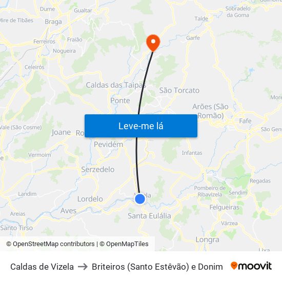 Caldas de Vizela to Briteiros (Santo Estêvão) e Donim map