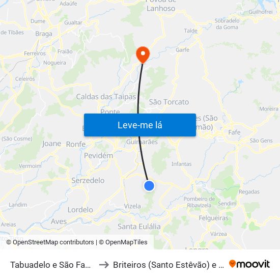Tabuadelo e São Faustino to Briteiros (Santo Estêvão) e Donim map
