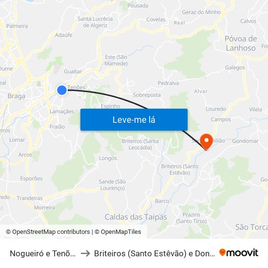 Nogueiró e Tenões to Briteiros (Santo Estêvão) e Donim map