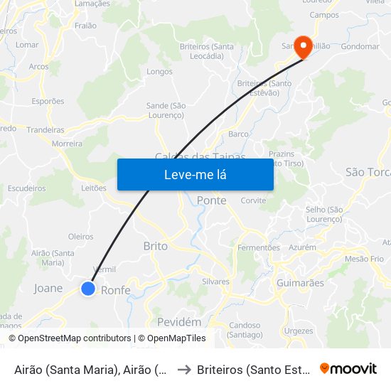Airão (Santa Maria), Airão (São João) e Vermil to Briteiros (Santo Estêvão) e Donim map