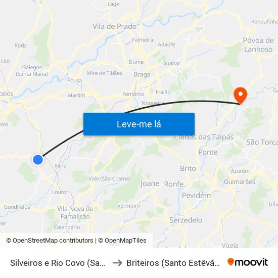 Silveiros e Rio Covo (Santa Eulália) to Briteiros (Santo Estêvão) e Donim map