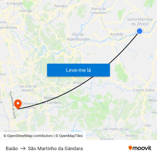 Baião to São Martinho da Gândara map