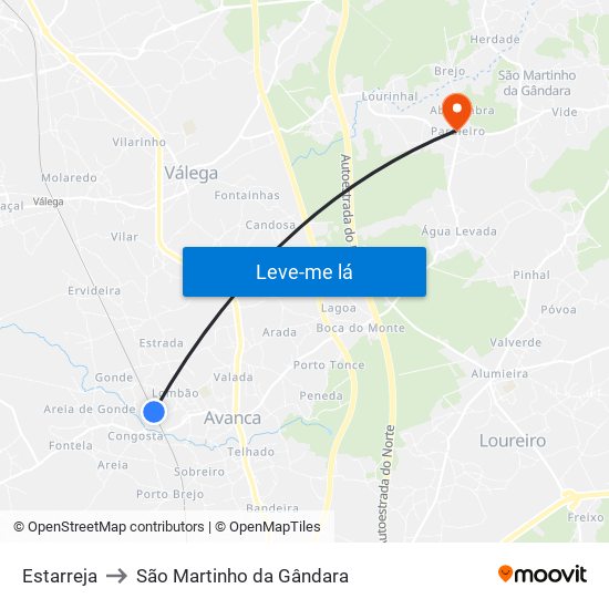 Estarreja to São Martinho da Gândara map