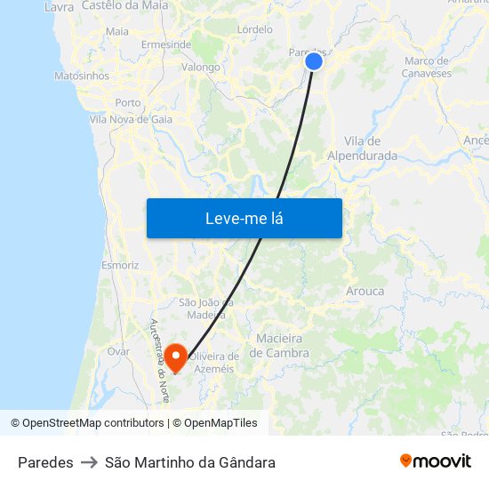 Paredes to São Martinho da Gândara map