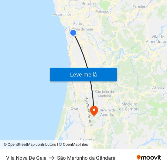 Vila Nova De Gaia to São Martinho da Gândara map