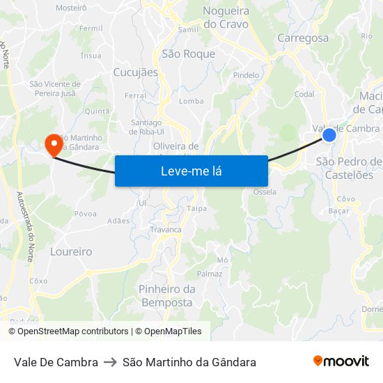 Vale De Cambra to São Martinho da Gândara map