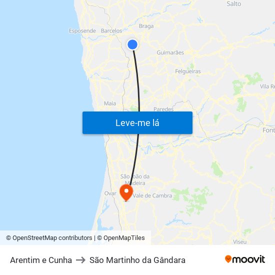 Arentim e Cunha to São Martinho da Gândara map