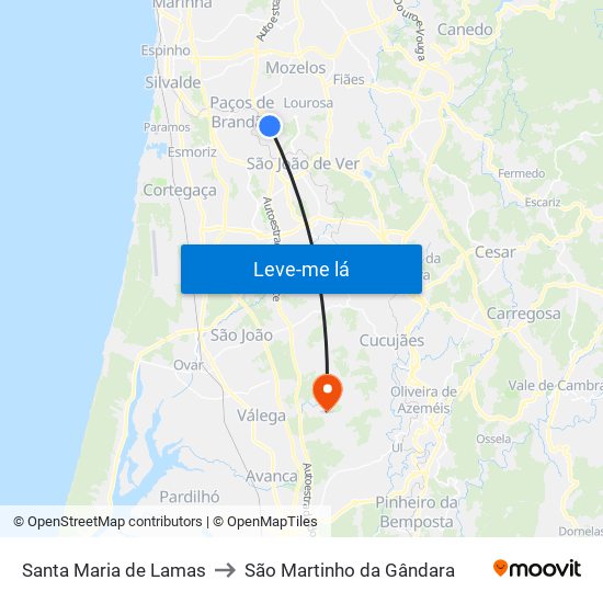 Santa Maria de Lamas to São Martinho da Gândara map
