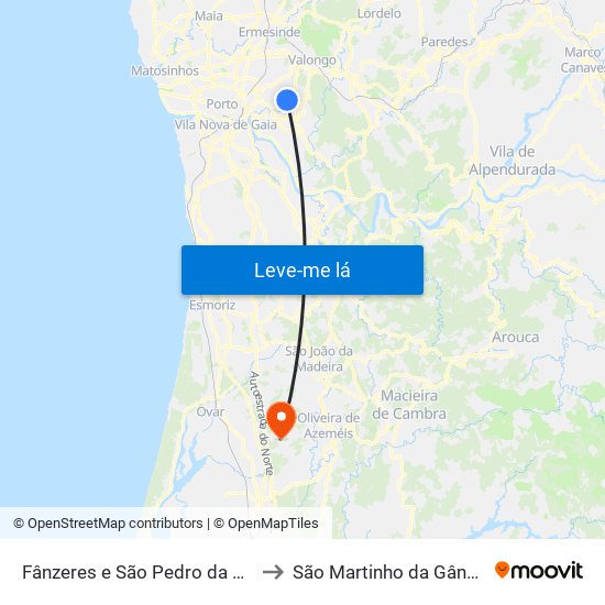 Fânzeres e São Pedro da Cova to São Martinho da Gândara map