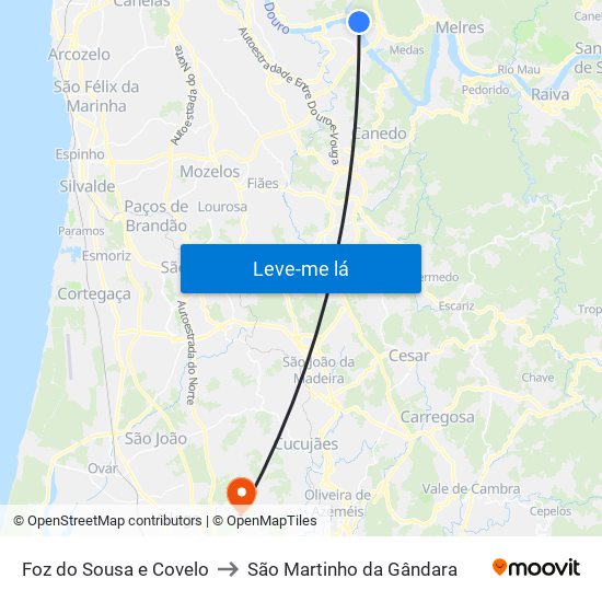 Foz do Sousa e Covelo to São Martinho da Gândara map