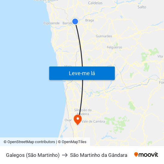 Galegos (São Martinho) to São Martinho da Gândara map