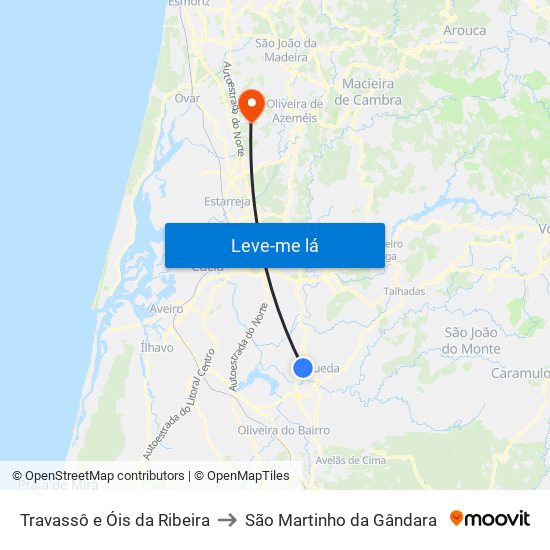 Travassô e Óis da Ribeira to São Martinho da Gândara map