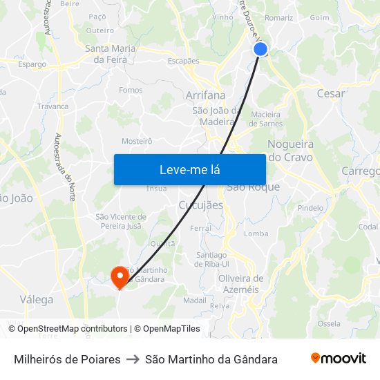 Milheirós de Poiares to São Martinho da Gândara map