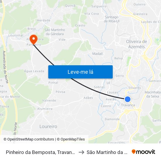 Pinheiro da Bemposta, Travanca e Palmaz to São Martinho da Gândara map