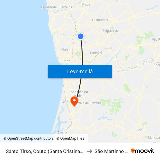 Santo Tirso, Couto (Santa Cristina e São Miguel) e Burgães to São Martinho da Gândara map