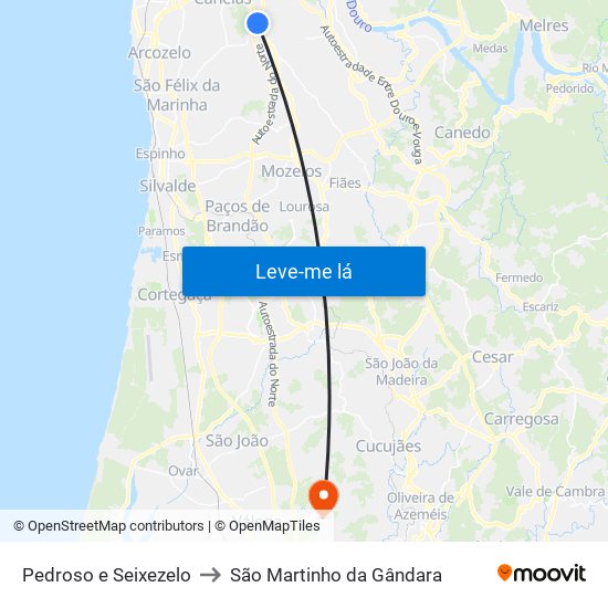 Pedroso e Seixezelo to São Martinho da Gândara map