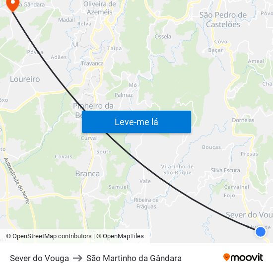 Sever do Vouga to São Martinho da Gândara map