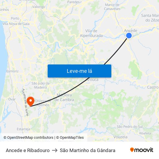 Ancede e Ribadouro to São Martinho da Gândara map