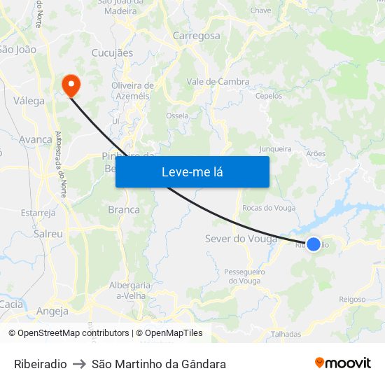 Ribeiradio to São Martinho da Gândara map