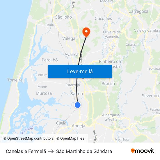 Canelas e Fermelã to São Martinho da Gândara map