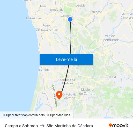 Campo e Sobrado to São Martinho da Gândara map
