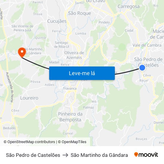 São Pedro de Castelões to São Martinho da Gândara map