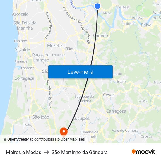 Melres e Medas to São Martinho da Gândara map