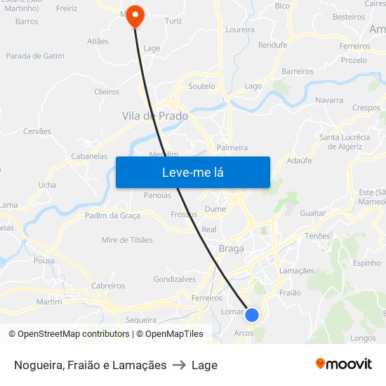 Nogueira, Fraião e Lamaçães to Lage map