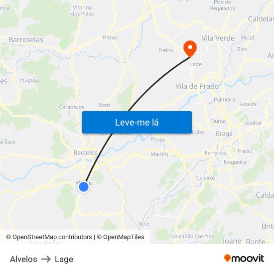 Alvelos to Lage map