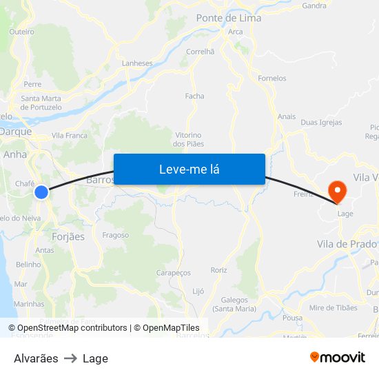 Alvarães to Lage map