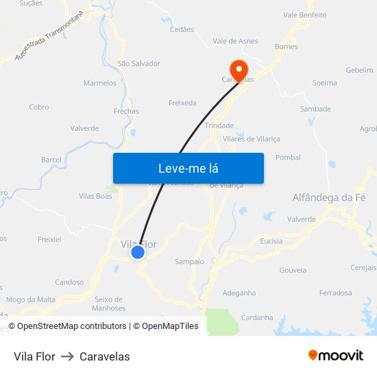 Vila Flor to Caravelas map