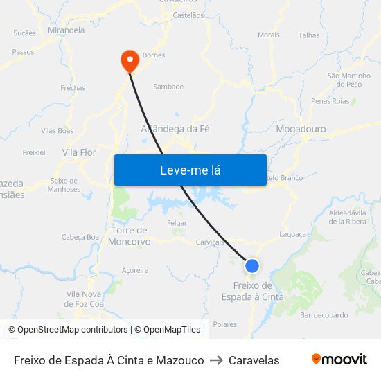 Freixo de Espada À Cinta e Mazouco to Caravelas map