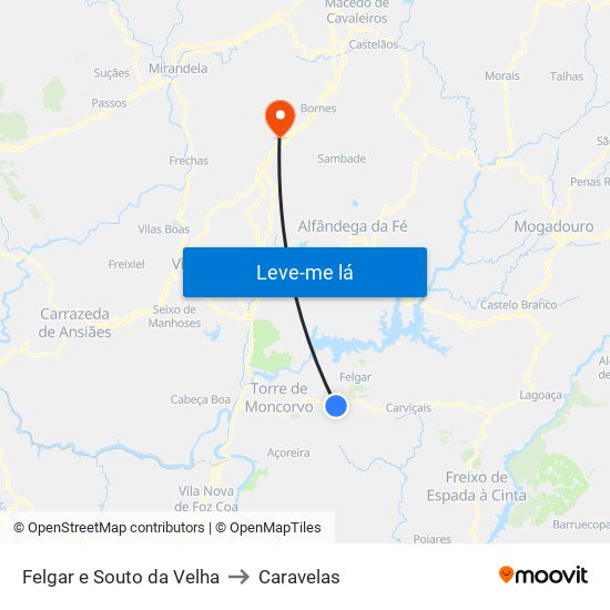 Felgar e Souto da Velha to Caravelas map