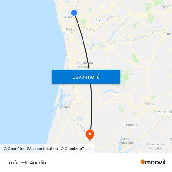 Trofa to Anadia map